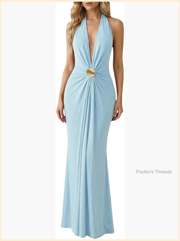 Deep V Neck Halter Maxi Dress Backless Wedding Guest Vacation Formal